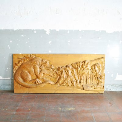 Mythological Figure of a Dragon and Some Commoners Bas-Relief in Solid Wood, 1960s-JQO-1223713