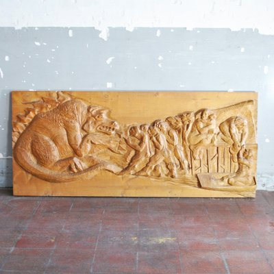 Mythological Figure of a Dragon and Some Commoners Bas-Relief in Solid Wood, 1960s-JQO-1223713