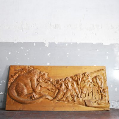 Mythological Figure of a Dragon and Some Commoners Bas-Relief in Solid Wood, 1960s-JQO-1223713