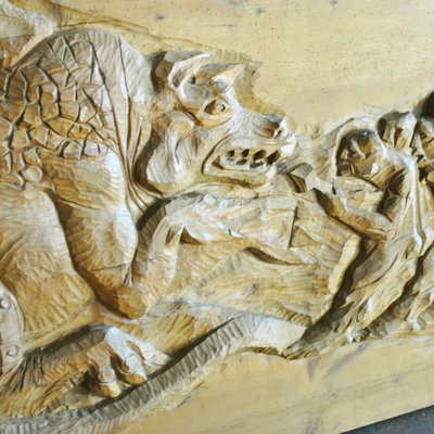 Mythological Figure of a Dragon and Some Commoners Bas-Relief in Solid Wood, 1960s-JQO-1223713