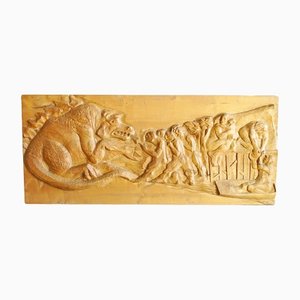 Mythological Figure of a Dragon and Some Commoners Bas-Relief in Solid Wood, 1960s-JQO-1223713