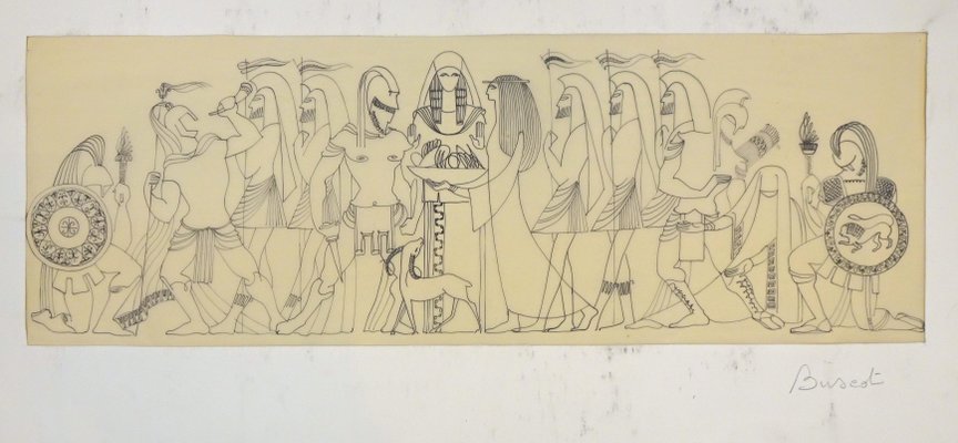 Mythological Scene - Original Ink Drawing on Parchment by Buscot mid 1900-ZCI-755070