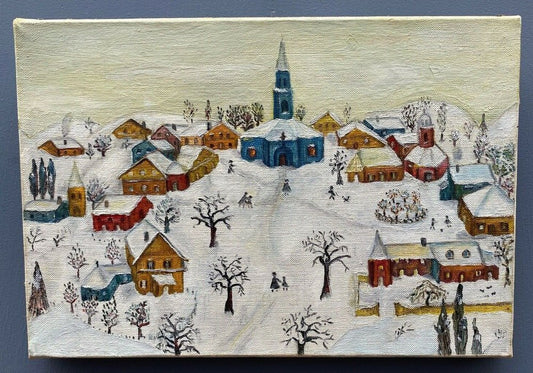 Naîve School Artist, Village Sous La Neige, 1960, Oil on Canvas