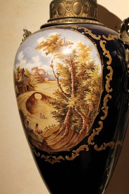 Napoleon III Blue Royal Lidded Vases Hand Painted Landscapes and Bronze Handles, Set of 2-AXE-1433384