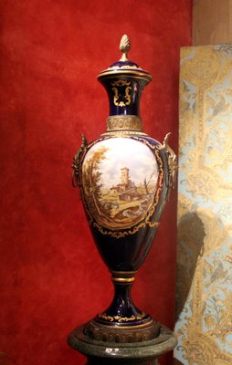 Napoleon III Blue Royal Lidded Vases Hand Painted Landscapes and Bronze Handles, Set of 2-AXE-1433384