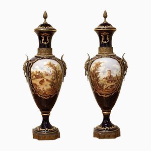 Napoleon III Blue Royal Lidded Vases Hand Painted Landscapes and Bronze Handles, Set of 2-AXE-1433384