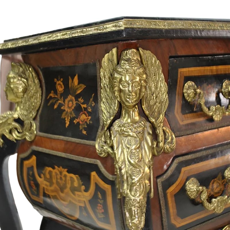 Napoleon III Chest of Drawers with Sphinxes of Angels with Wings and Animal Claws Feet in Gilt Bronze