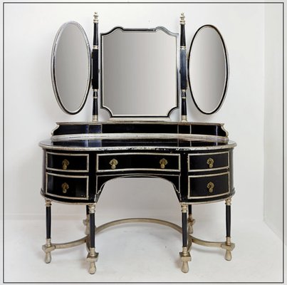 Napoleon III Dressing Table in Black Lacquered Wood and 3 Mirrors, 1960s, Set of 2-NYF-2036212