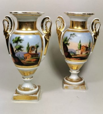 Napoleon III French Hand Painted Porcelain Vases from Porcelain de Paris, Set of 2-QRS-733562