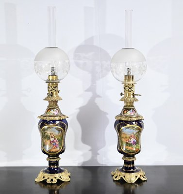 Napoleon III Oil Table Lamps in Sèvres Porcelain & Bronze, 19th Century, Set of 2-RVK-1701995