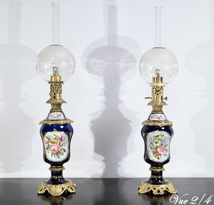 Napoleon III Oil Table Lamps in Sèvres Porcelain & Bronze, 19th Century, Set of 2-RVK-1701995