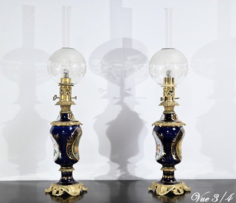 Napoleon III Oil Table Lamps in Sèvres Porcelain & Bronze, 19th Century, Set of 2-RVK-1701995