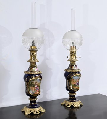 Napoleon III Oil Table Lamps in Sèvres Porcelain & Bronze, 19th Century, Set of 2-RVK-1701995