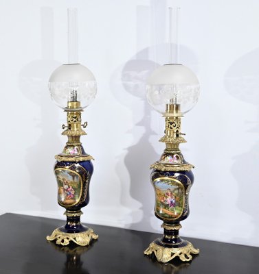 Napoleon III Oil Table Lamps in Sèvres Porcelain & Bronze, 19th Century, Set of 2-RVK-1701995