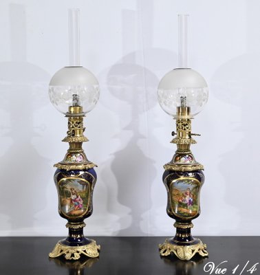 Napoleon III Oil Table Lamps in Sèvres Porcelain & Bronze, 19th Century, Set of 2-RVK-1701995