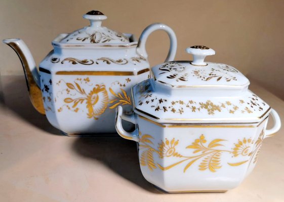 Napoleon III Porcelain De Paris Teapot and Sugar Bowl with Pure Gold Decorations, Set of 2-QRS-1104370