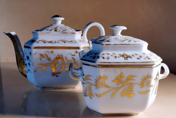 Napoleon III Porcelain De Paris Teapot and Sugar Bowl with Pure Gold Decorations, Set of 2-QRS-1104370