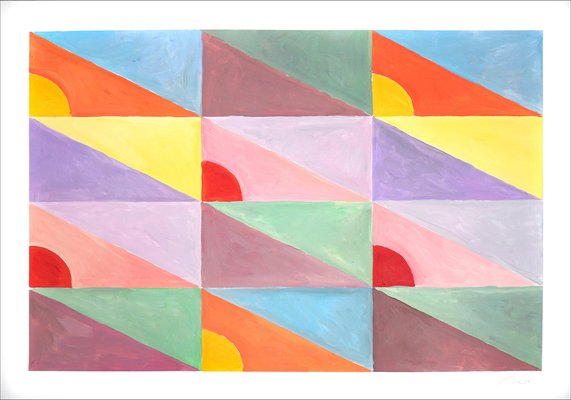 Natalia Roman, Pastel Diagonal Tiled Floor Composition with Pink, Yellow and Red Triangles, 2022, Acrylic on Watercolor Paper-RWC-1355502