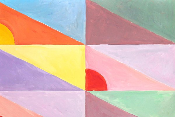 Natalia Roman, Pastel Diagonal Tiled Floor Composition with Pink, Yellow and Red Triangles, 2022, Acrylic on Watercolor Paper-RWC-1355502