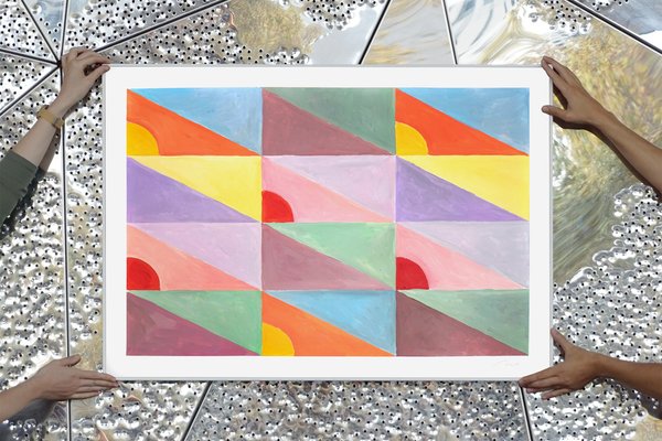 Natalia Roman, Pastel Diagonal Tiled Floor Composition with Pink, Yellow and Red Triangles, 2022, Acrylic on Watercolor Paper-RWC-1355502