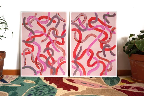 Natalia Roman, Red Lipstick Curves Diptych, 2022, Acrylic on Watercolor Paper-RWC-1395335