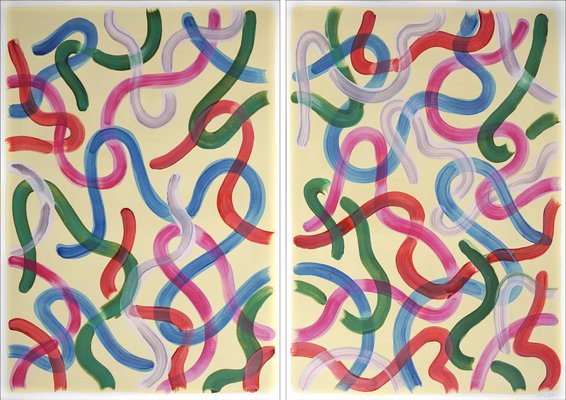 Natalia Roman, Vivid Gestures Diptych on Vanilla with Brush Strokes in Red, Pink and Green, 2022, Acrylic on Watercolor Paper-RWC-1395334