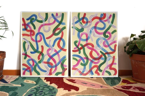 Natalia Roman, Vivid Gestures Diptych on Vanilla with Brush Strokes in Red, Pink and Green, 2022, Acrylic on Watercolor Paper-RWC-1395334