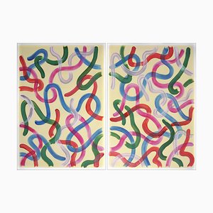 Natalia Roman, Vivid Gestures Diptych on Vanilla with Brush Strokes in Red, Pink and Green, 2022, Acrylic on Watercolor Paper-RWC-1395334