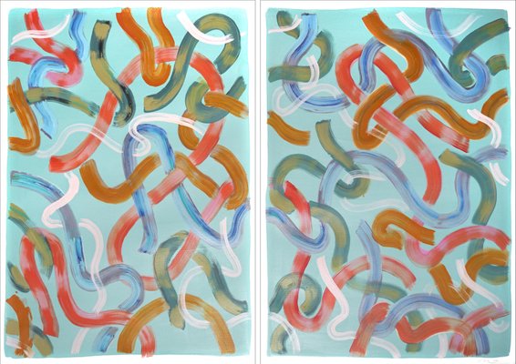 Natalia Roman, Vivid Looping Lines on Turquoise, 2022, Acrylic on Watercolor Paper-RWC-1361579