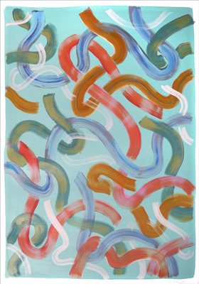 Natalia Roman, Vivid Looping Lines on Turquoise, 2022, Acrylic on Watercolor Paper-RWC-1361579