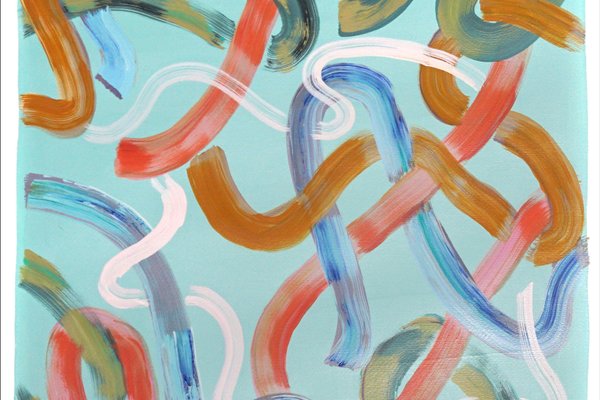 Natalia Roman, Vivid Looping Lines on Turquoise, 2022, Acrylic on Watercolor Paper-RWC-1361579