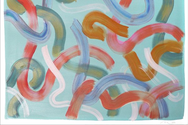 Natalia Roman, Vivid Looping Lines on Turquoise, 2022, Acrylic on Watercolor Paper-RWC-1361579