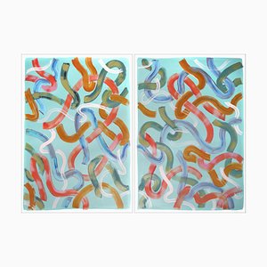 Natalia Roman, Vivid Looping Lines on Turquoise, 2022, Acrylic on Watercolor Paper-RWC-1361579