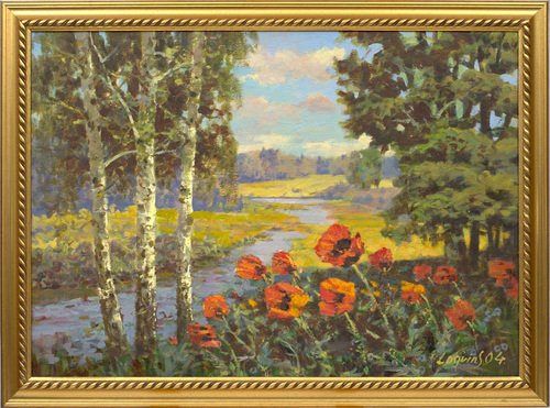 Natural Landscape with River and Poppies, Oil on Canvas, 21st Century