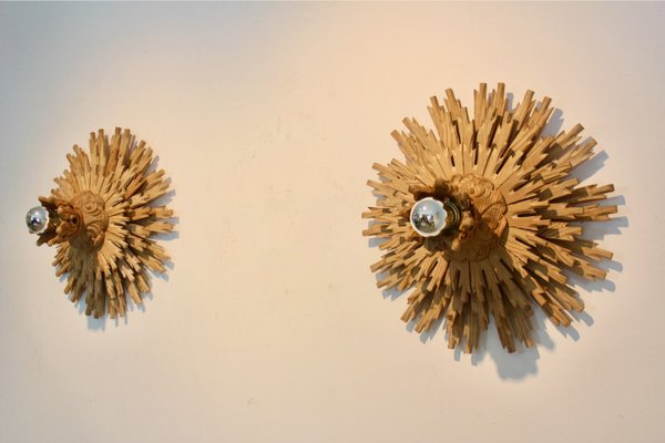 Natural Large Carved Sunburst Wooden Sconces, 1960s, Set of 2-MO-2028155