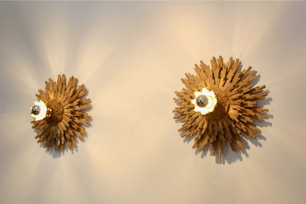 Natural Large Carved Sunburst Wooden Sconces, 1960s, Set of 2-MO-2028155