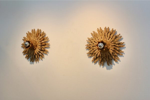 Natural Large Carved Sunburst Wooden Sconces, 1960s, Set of 2-MO-2028155