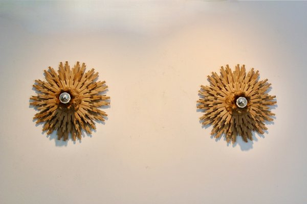 Natural Large Carved Sunburst Wooden Sconces, 1960s, Set of 2-MO-2028155