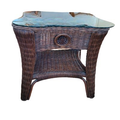 Natural Rattan Side Table with Central Medallon and Crystal, 1990s-TCS-1397653