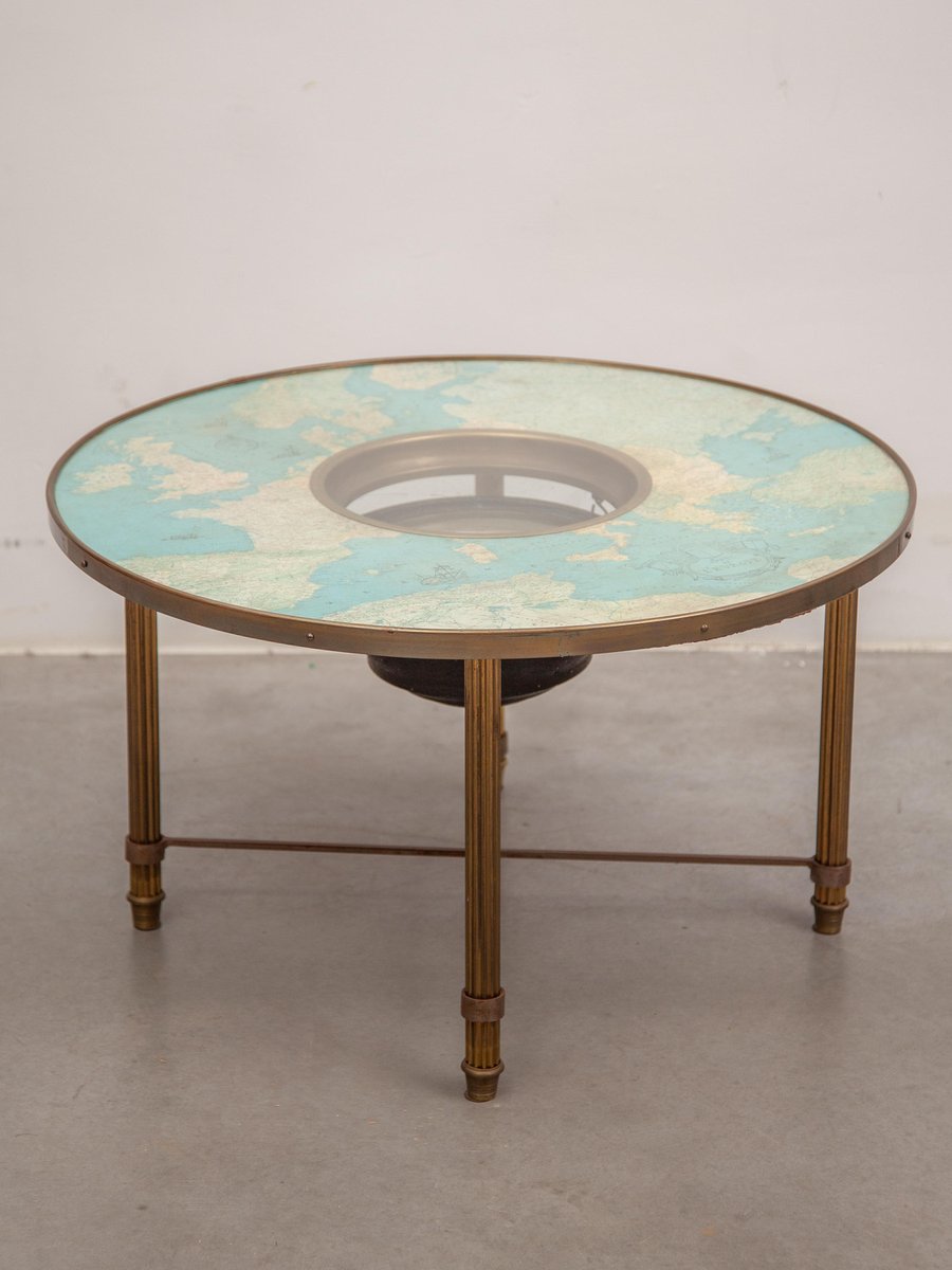 Nautical Compass and Cosmographic Cart Round Coffee Table, France, 1950s