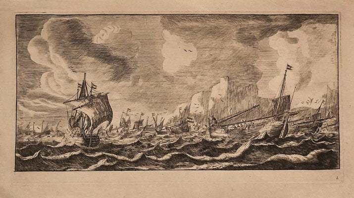 Naval Battle - Original Etching by R. Zeeman - 1940s 1940's-ZCI-762808