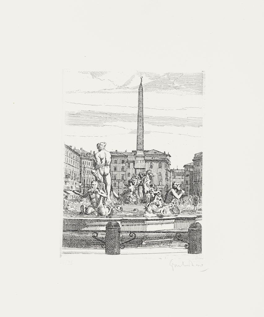 Navona Square - Original Print on Paper by Giuseppe Malandrino - 1960s 1960s