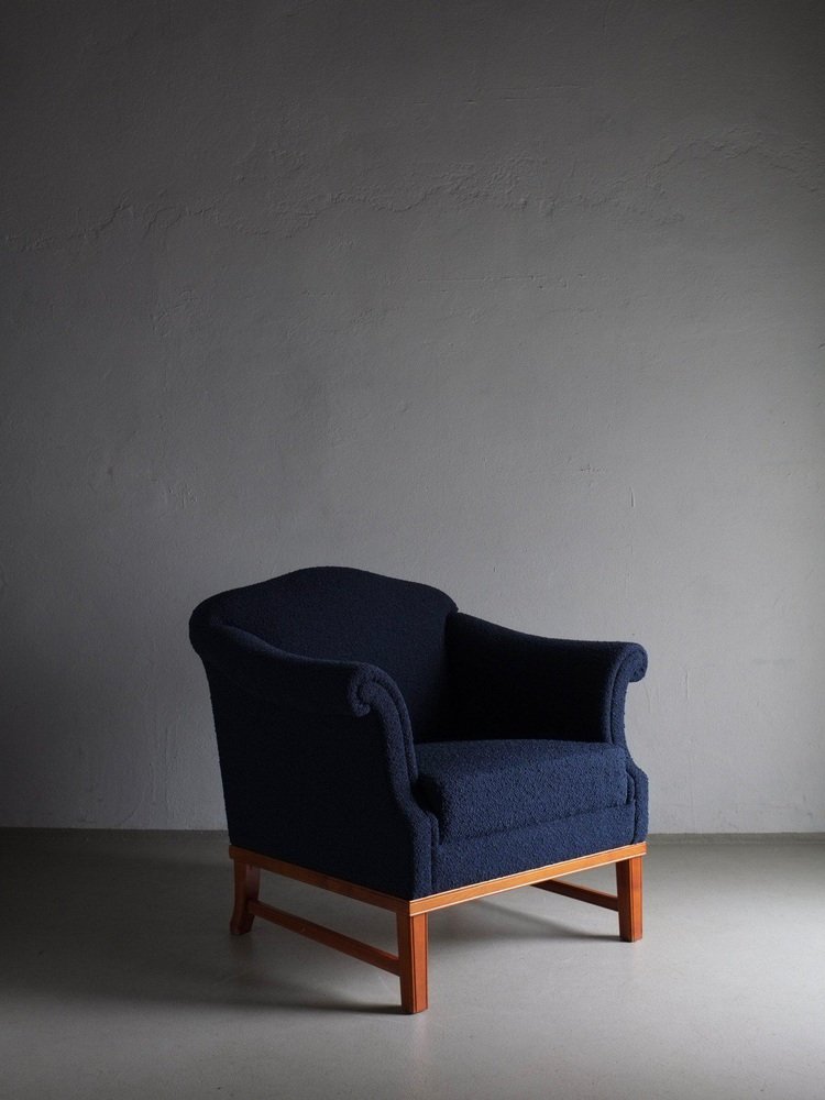 Navy Boucle Lounge Chair, Sweden, 1940s