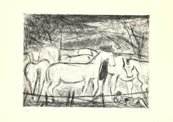 Nazareno Gattamenata, Horses in the Corral, Original Etching on Paper, 1985-ZCI-1234340