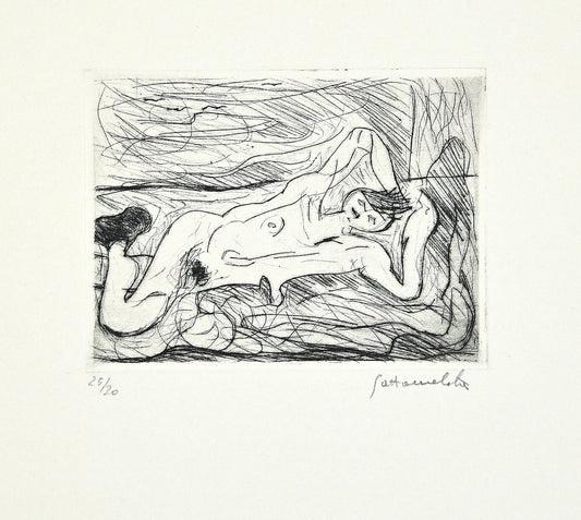 Nazareno Gattamenata, Nude Lying Down, Original Etching on Paper, 1985