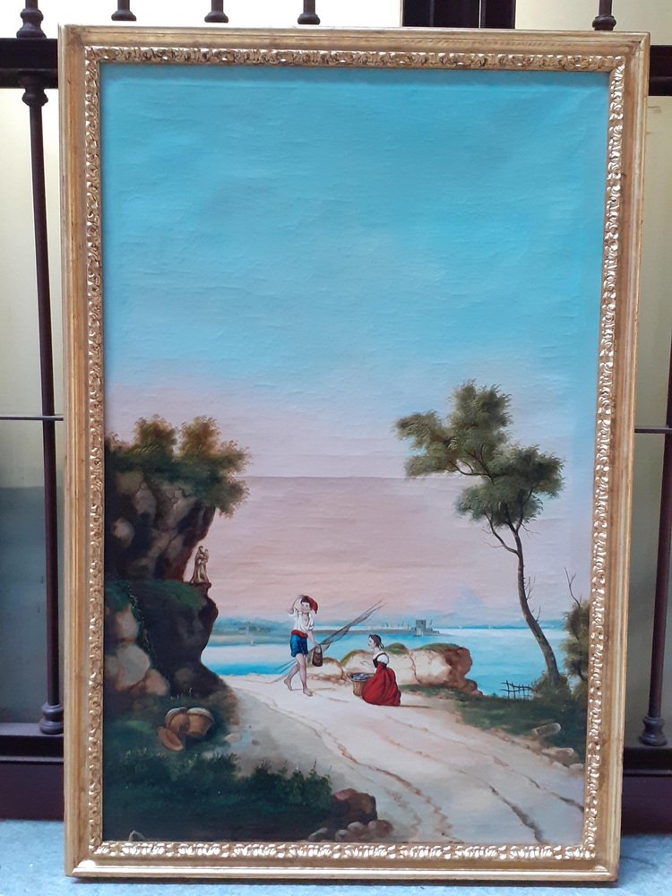 Neapolitan Artist, Coastal Landscape, 1860s, Oil on Canvas, Framed