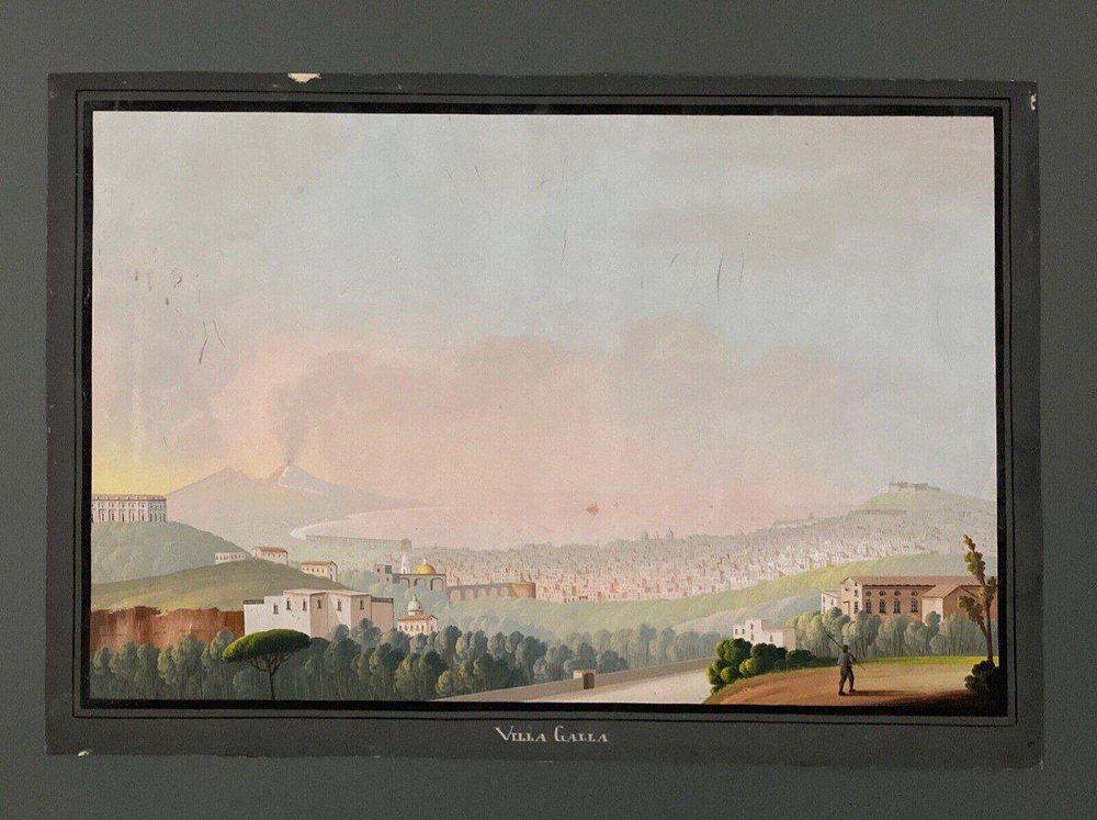 Neapolitan Artist, Villa Galla Naples, Eruption of Vesuvius, Early 19th Century, Gouache, Framed-QKG-1758613