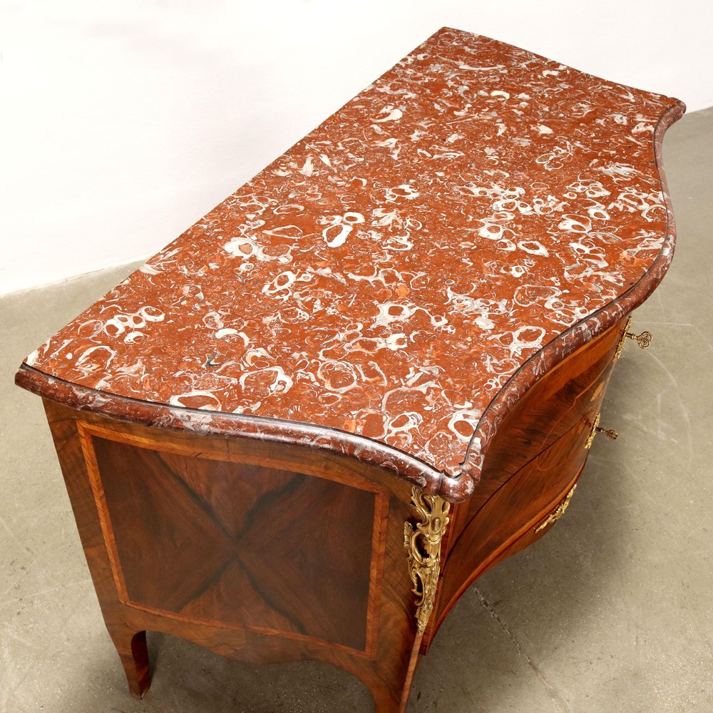 Neapolitan Rococo Chest of Drawers in Red Marble, Poplar & Bronze, Italy, 1700s