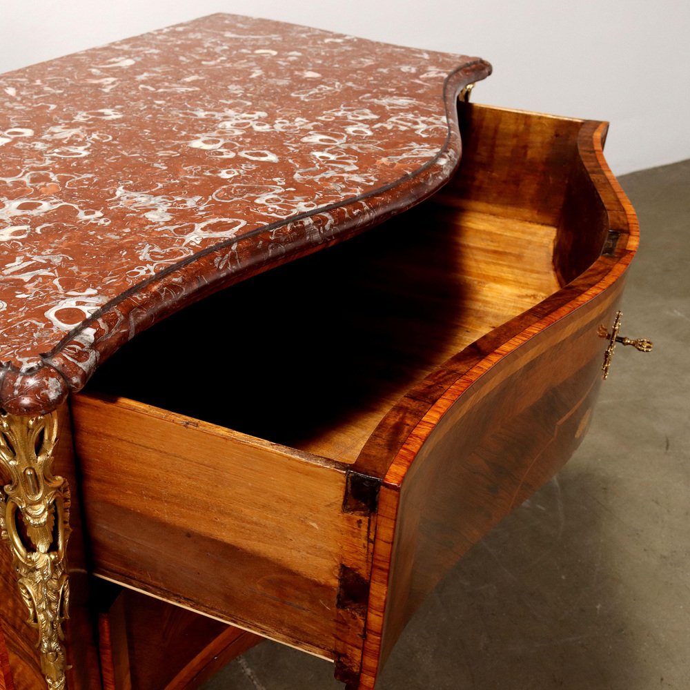 Neapolitan Rococo Chest of Drawers in Red Marble, Poplar & Bronze, Italy, 1700s