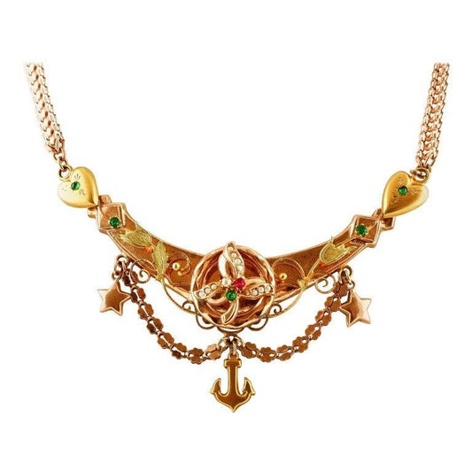 Necklace in 9K Rose Gold with Colored Stones and Little Pearls